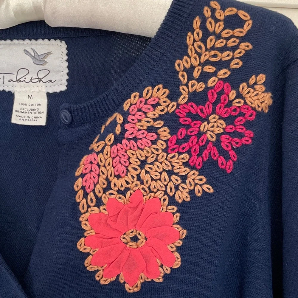 Tabitha Navy Cardigan with Vibrant Red Floral Design - Picture 3 of 5